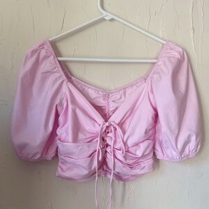 Vintage pink women's top ruffled puffy shoulders adjustable chest